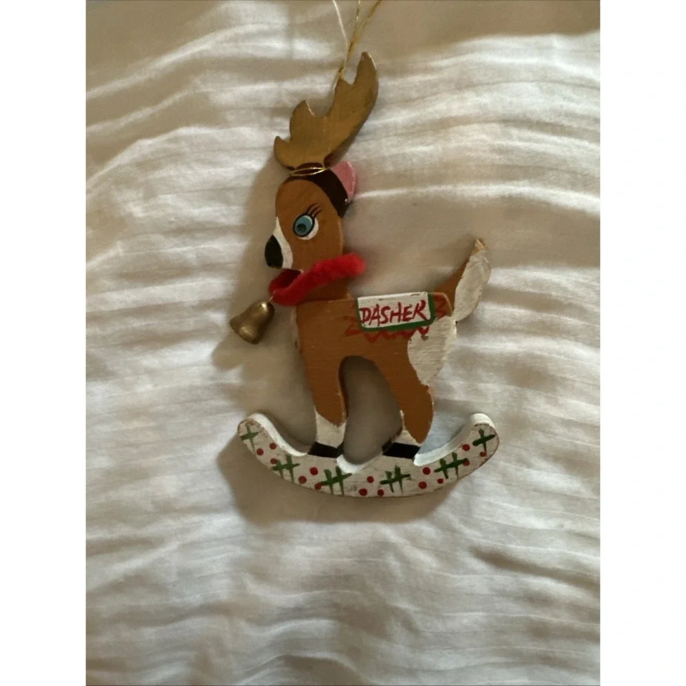 Vintage Kurt Adler Santa's Reindeer Dasher & SkierChristmas Ornament Wooden 1977